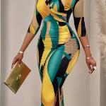 Robe Élégante à Col en V pour Femme avec Imprimé Géométrique, Tissu Polyester Mi-Extensible