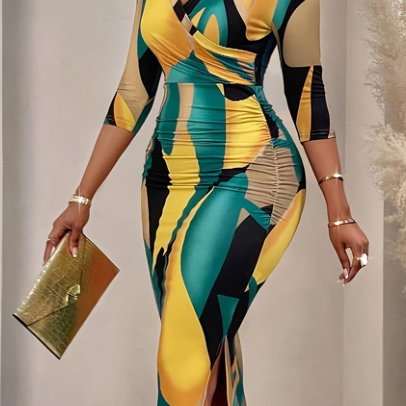 Robe Élégante à Col en V pour Femme avec Imprimé Géométrique, Tissu Polyester Mi-Extensible