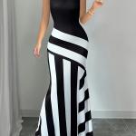 Robe Élégante à Rayures Noires et Blanches pour Femme