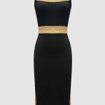 Robe élégante sans manches à col carré avec fente latérale et détails en paillettes - Noir, dos, détail en nœud