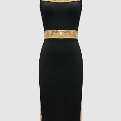 Robe élégante sans manches à col carré avec fente latérale et détails en paillettes - Noir, dos, détail en nœud