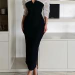 Robe de Soirée Élégante Femme à Col V et Manches Longues