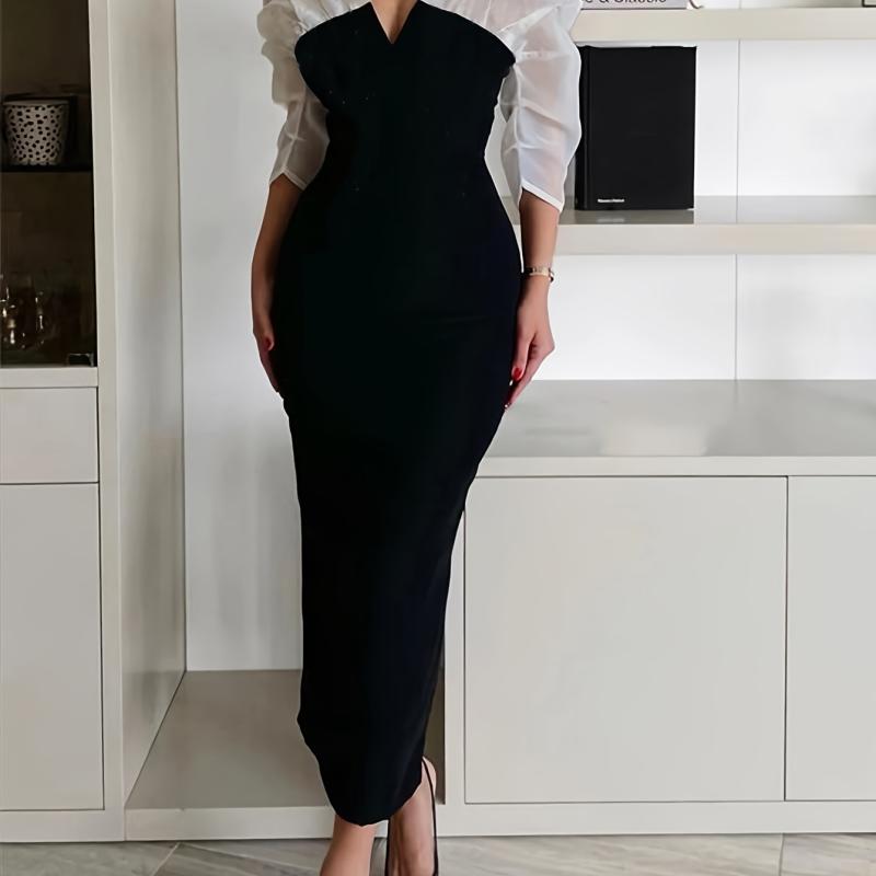 Robe de Soirée Élégante Femme à Col V et Manches Longues