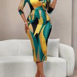 Robe Élégante à Col en V pour Femme avec Imprimé Géométrique, Tissu Polyester Mi-Extensible