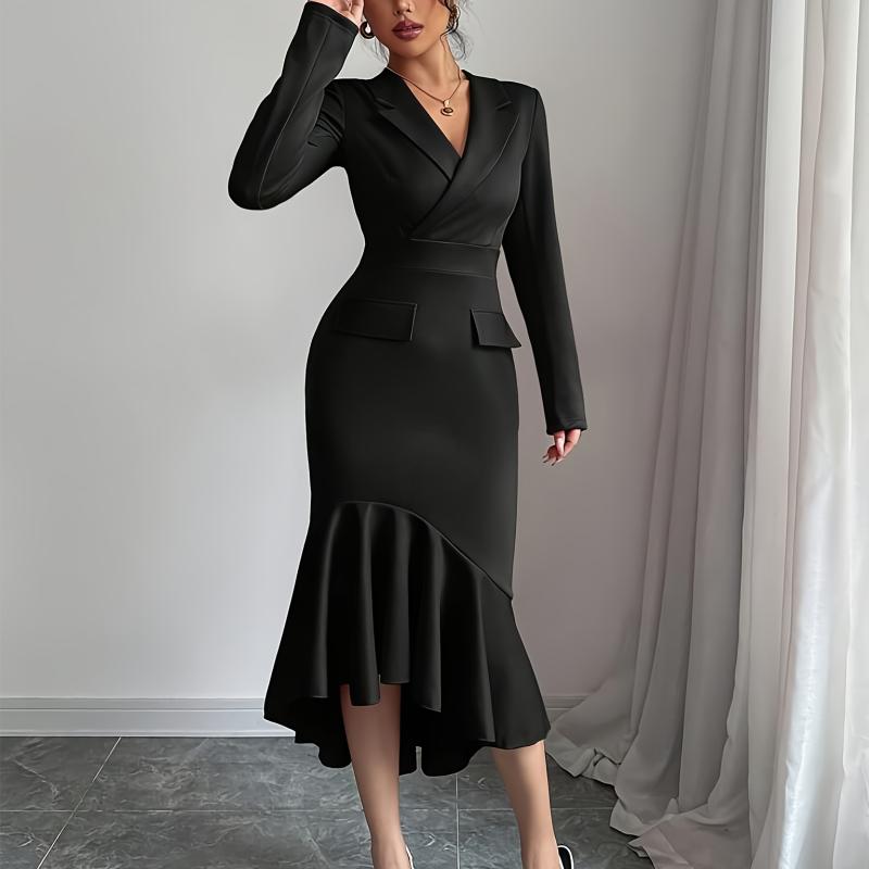 Robe Élégante et Simple à Col de Costume Noir Manches Longues pour Femme