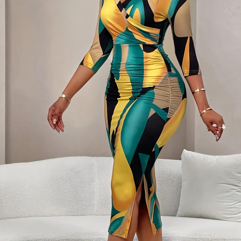 Robe Élégante à Col en V pour Femme avec Imprimé Géométrique, Tissu Polyester Mi-Extensible